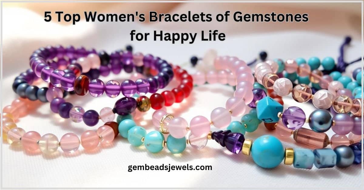 "An elegant arrangement of five stunning women's gemstone bracelets, featuring a variety of vibrant colors and textures. Each bracelet showcases unique gemstones such as amethyst, rose quartz, turquoise, lapis lazuli, and citrine, set against a soft, natural background that enhances their beauty. The bracelets are intricately designed with delicate gold and silver accents, embodying a sense of joy and harmony. Brand: Gembeadsjewels."